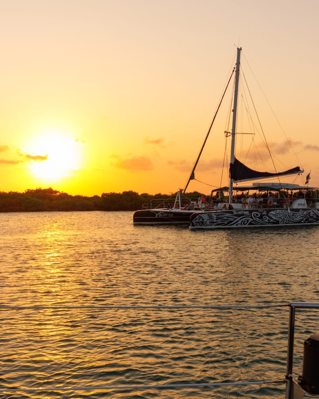 A catamaran on the water at sunset